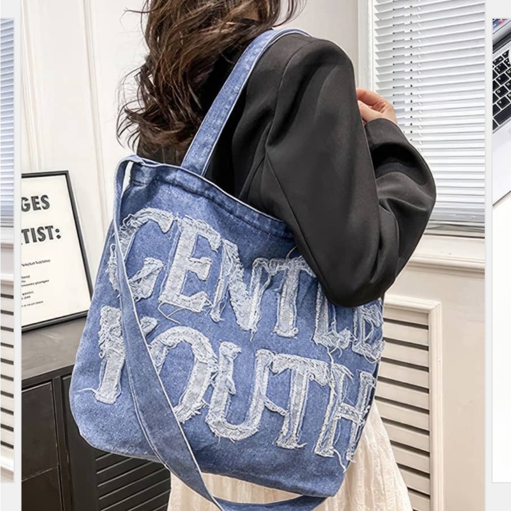 Denim Tote Bag Gentle Youth Crossbody Bag Shoulder Bag Distressed Blue NWOT - Picture 12 of 14